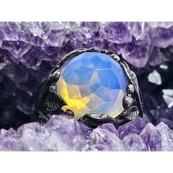 925 Sterling Silver Round Iridescent Stone & Leaf Design Ring SZ 8 - Picture 2 of 11